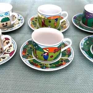 Six REALTY ESPRESSO MATCHING CUP AND SAUCER SET WITH CHILDREN SCENES
